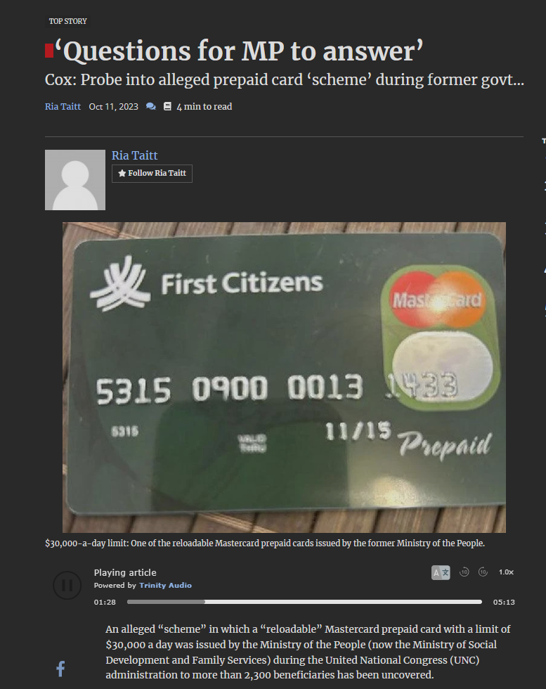 News article headlined 'Questions for MP to answer', reporting a call for a probe into an alleged prepaid card scheme during a former government.