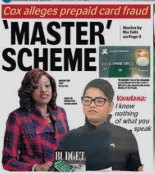 Newspaper front page from October 2023 headlined 'Master' Scheme, reporting allegations by Donna Cox of prepaid card fraud, with a pull-quote attributed to Vandana Mohit reading 'I know nothing of what you speak'.