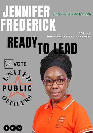 Jennifer Frederick's 2020 PSA union campaign flyer — United Public Officers, Industrial Relations Officer