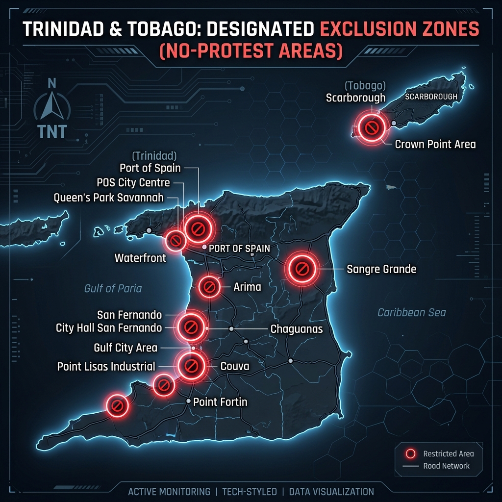 Sleek map showing the 15 no-protest zones in Trinidad and Tobago with 500-meter exclusion bubbles.