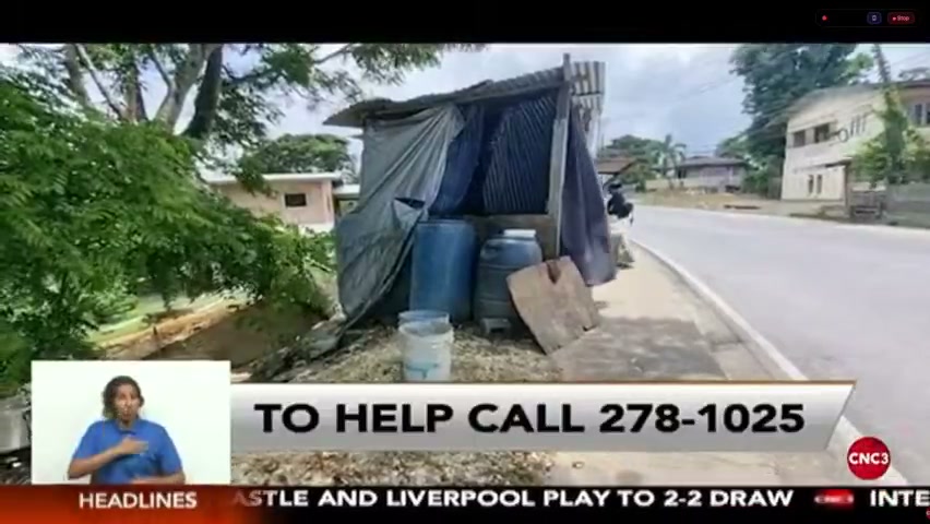 CNC3 broadcast graphic: To help, call 278-1025 — Sabrina Khadoo's roadside stall home in Princes Town