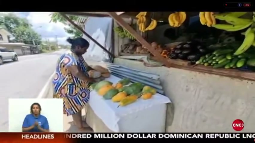 Sabrina Khadoo arranging bread and produce at her vegetable stall, the family's only income