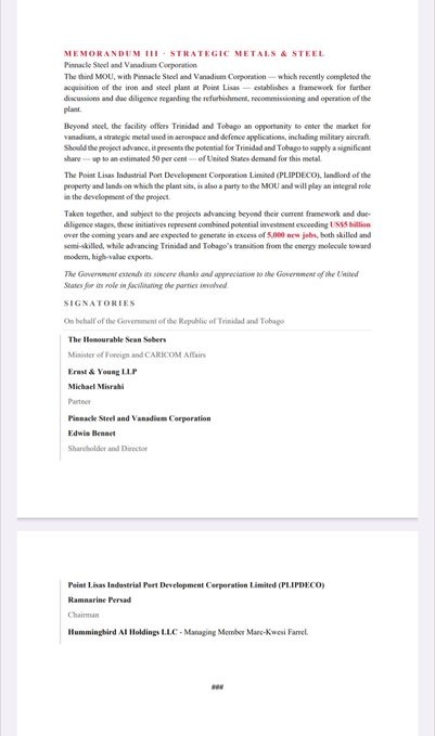 Page 2 of the Office of the Prime Minister release: MOU III with Pinnacle Steel and Vanadium Corporation, vanadium for US aerospace and defence including military aircraft, up to 50% of US demand, US$5 billion, 5,000 jobs, and the signatories.