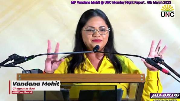 Vandana Mohit, Member of Parliament for Chaguanas East, speaking at a United National Congress Monday Night Report in March 2023.